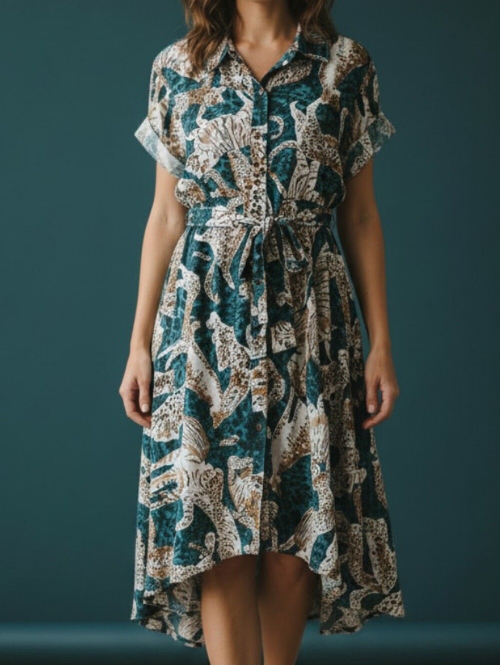 Anthropologie Maeve Botanical High-Low Shirt Dress Tie Waist